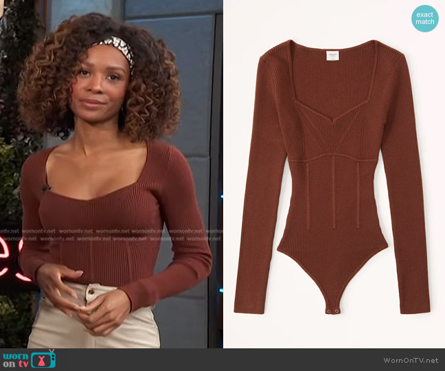 Abercrombie & Fitch Corset Sweetheart Sweater Bodysuit in Brown worn by Zuri Hall on Access Hollywood