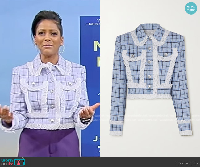 Alessandra Rich Cropped lace-trimmed checked wool-blend tweed jacket worn by Tamron Hall on Tamron Hall Show