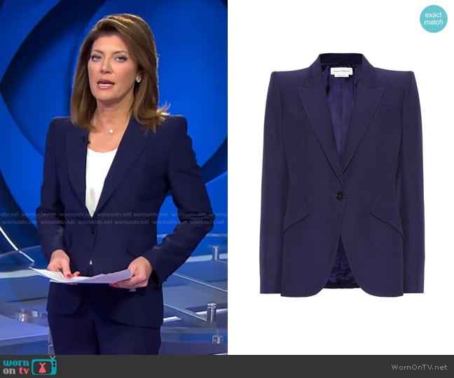 Alexander McQueen Single-Breasted Crepe Blazer worn by Norah O'Donnell on CBS Evening News