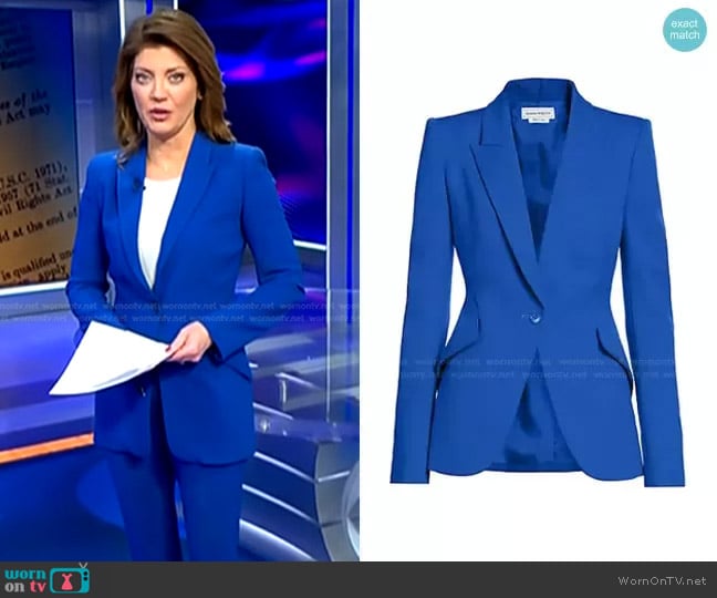 Alexander McQueen Wool Grain de Poudre Jacket in Dr Marine worn by Norah O'Donnell on CBS Evening News