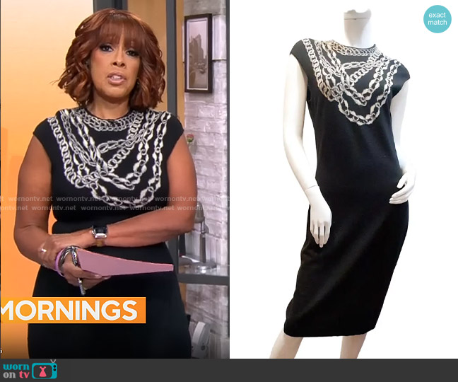 Alexander McQueen Wool Midi Dress with Jewel Embroided Chains worn by Gayle King on CBS Mornings