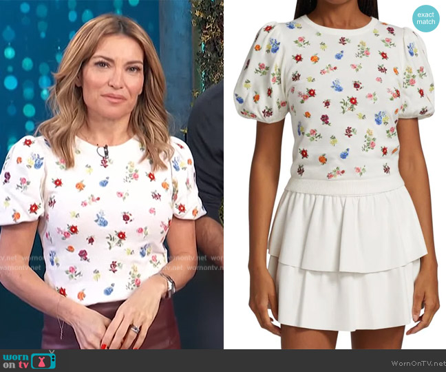 Alice + Olivia Risa Embroidered Puff Sleeve Top worn by Kit Hoover on Access Hollywood