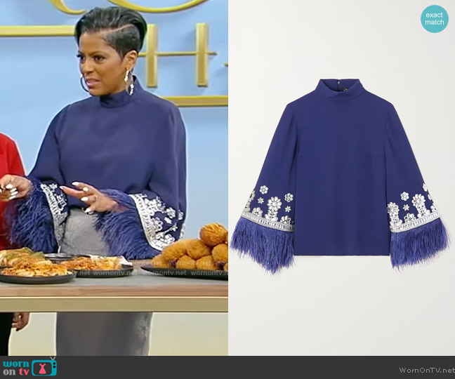 Andrew Gn Feather-trimmed embellished cady top worn by Tamron Hall on Tamron Hall Show
