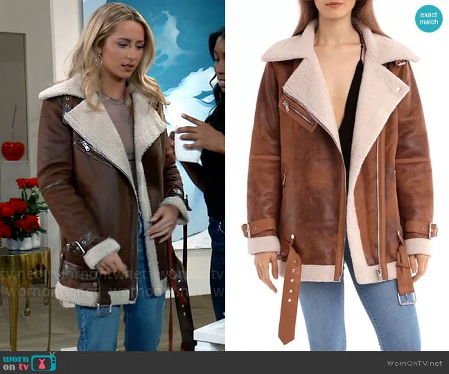 Avec Les Filles Oversized Faux Shearling Moto Jacket In Whiskey worn by Josslyn Jacks (Eden McCoy) on General Hospital