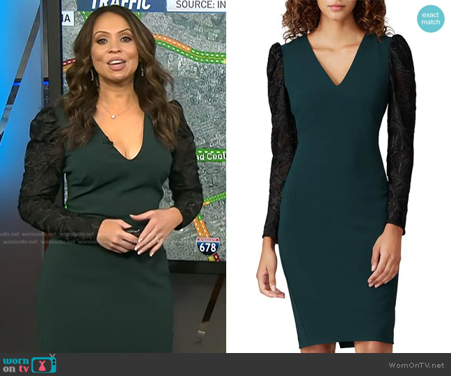 Badgley Mischka Lace Sleeve Sheath Dress in Emerald worn by Adelle Caballero on Today