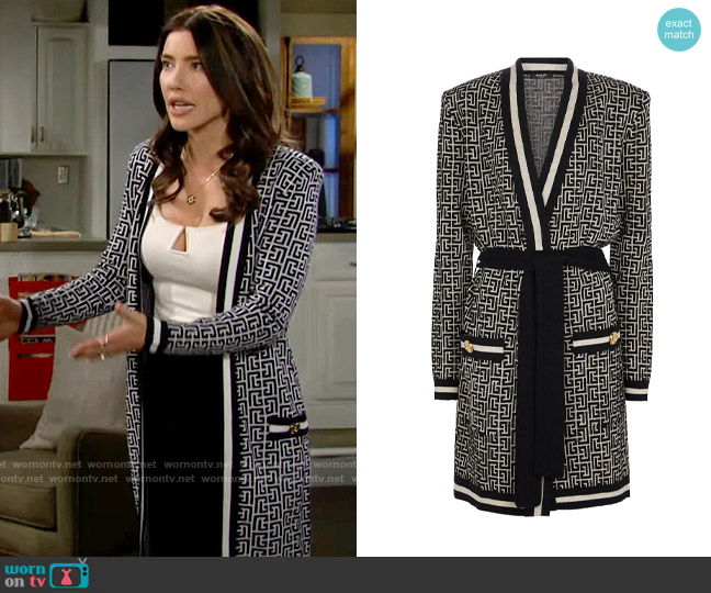 Balmain Monogram jacquard wool-blend cardigan worn by Steffy Forrester (Jacqueline MacInnes Wood) on The Bold and the Beautiful