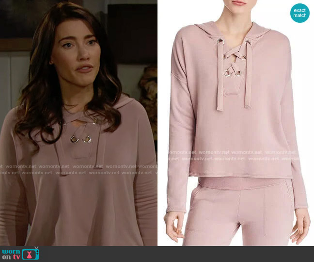 Beyond Yoga Over Tied Lace-Up Fleece Hooded Sweatshirt worn by Steffy Forrester (Jacqueline MacInnes Wood) on The Bold and the Beautiful