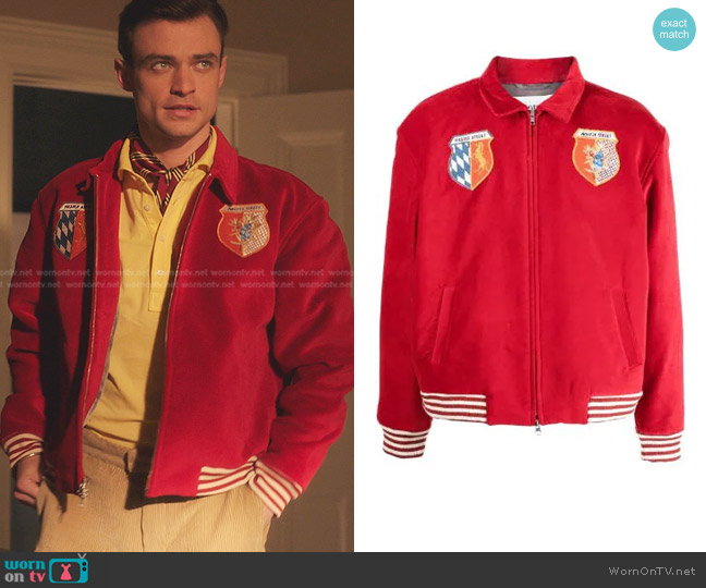 Bode Patchwork-Design Bomber Jacket worn by Maximus Wolfe (Thomas Doherty) on Gossip Girl