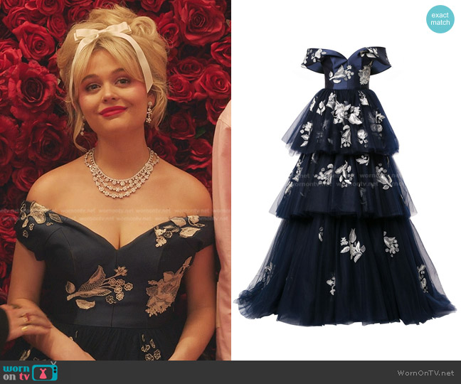 WornOnTV Audrey s navy floral embroidered gown on Gossip Girl Emily Alyn Lind Clothes and Wardrobe from TV