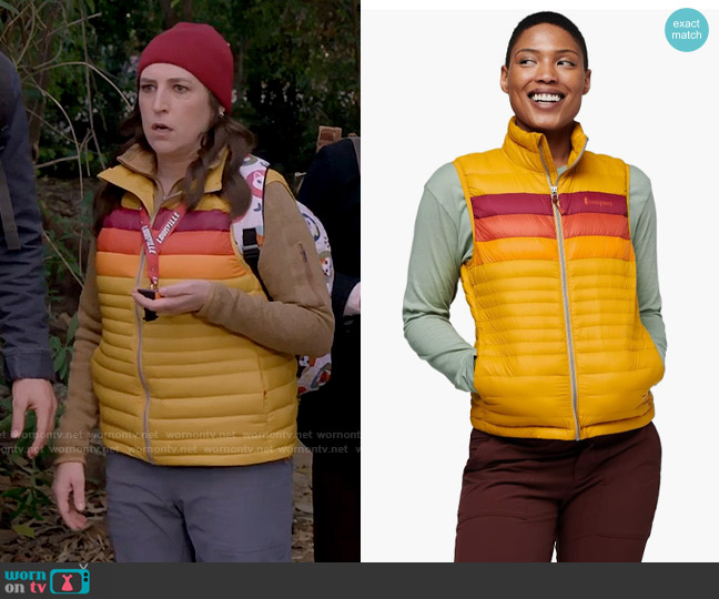 Cotopaxi Fuego Down Vest in Amber Stripes worn by Kat Silver (Mayim Bialik) on Call Me Kat