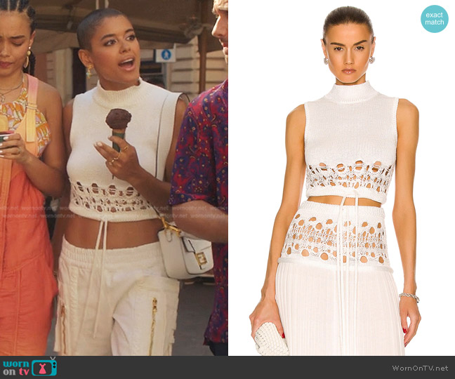 Christopher Esber Crochet Sleeveless Knit Crop Top worn by Julien Calloway (Jordan Alexander) on Gossip Girl