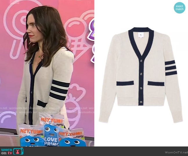 G. Label DiMatteo Puff-Sleeve Varsity Cardigan worn by Rachel Krupa on Today