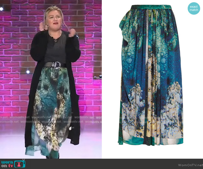 Diotima Peplos Printed Charmeuse Maxi Skirt worn by Kelly Clarkson on The Kelly Clarkson Show