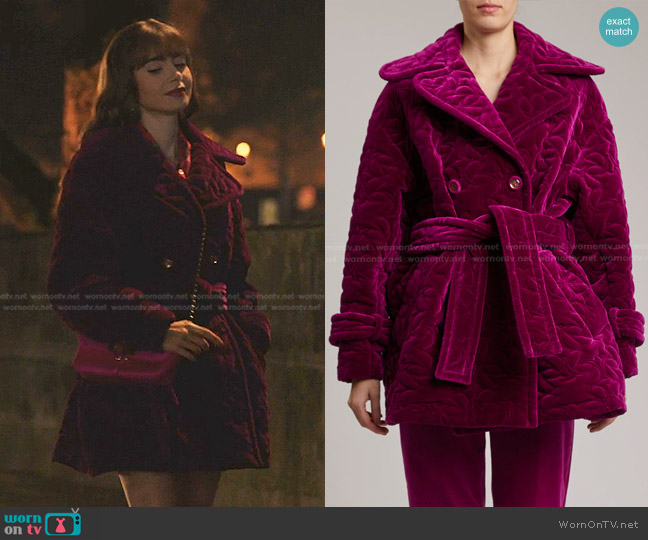 Elie Saab Velvet Quilted Coat worn by Emily Cooper (Lily Collins) on Emily in Paris