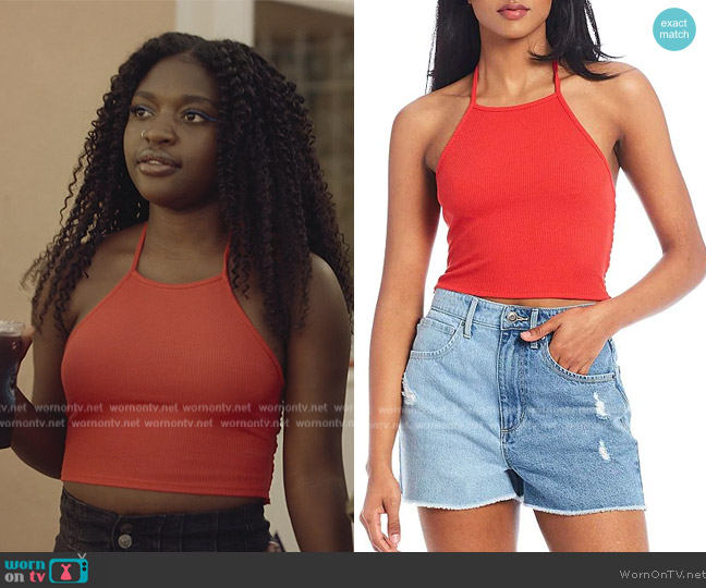 GB High Neck Ribbed Knit Smocked Back Cropped Halter Top worn by Tasha Rivers (Zuri Reed) on National Treasure: Edge of History