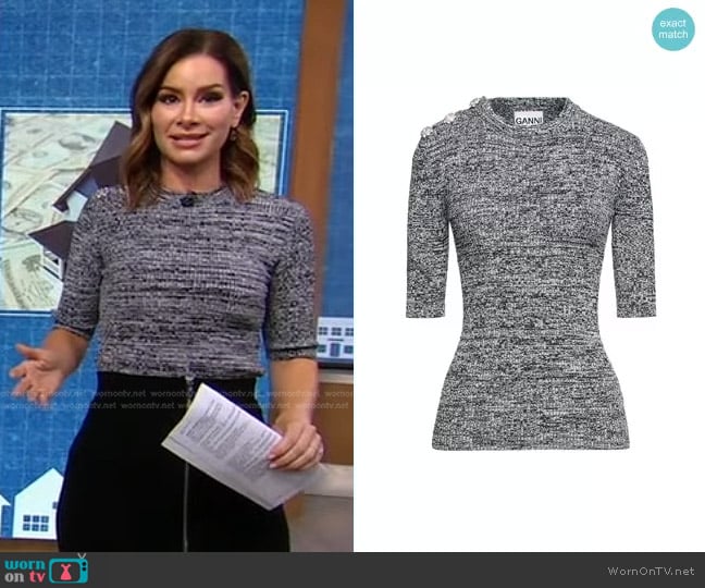 Ganni Button-Detailed Melange Ribbed-Knit Top worn by Rebecca Jarvis on Good Morning America