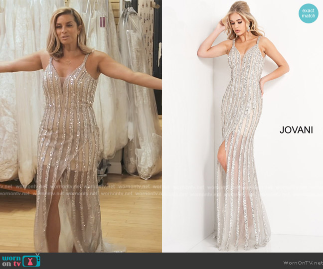 Jovani 03185 Center Slit Stripe Dress worn by Robyn Dixon on The Real Housewives of Potomac