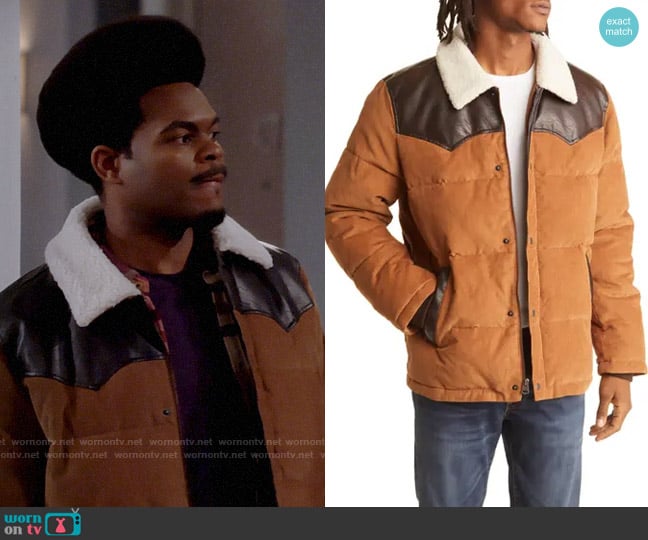 Levis Yellowstone Western Corduroy Puffer Jacket with Faux Shearling & Faux Leather Trim worn by Randi (Kyla Pratt) on Call Me Kat