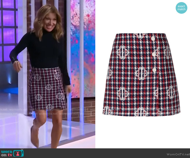 Maje Monogram-print plaid mini skirt worn by Kit Hoover on The Kelly Clarkson Show