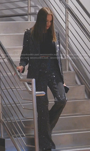 Meredith’s black crystal embellished blazer and pants on The Real Housewives of Salt Lake City