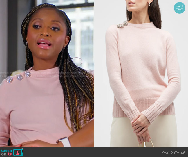 Neiman Marcus Cashmere Collection Cashmere Embellished Button Boatneck Sweater in Blush worn by Isha Sesay on Today