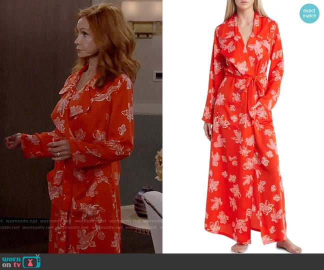 Open Edit Tie Waist Satin Robe in Red Alert Shadow Floral worn by Sheila (Swoosie Kurtz) on Call Me Kat