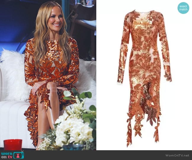 Oscar de la Renta Sequinned Foliage Sheer-Panel Dress worn by Angie Harrington on The Real Housewives of Salt Lake City