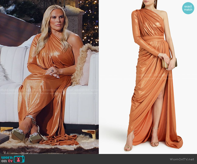 Rhea Costa One-Shoulder Draped Metallic Jersey Gown worn by Heather Gay on The Real Housewives of Salt Lake City