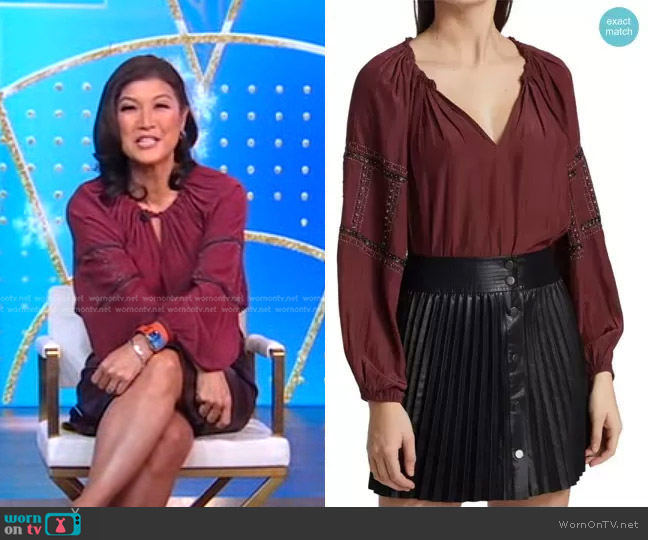 Ramy Brook Sally Beaded Blouse worn by Juju Chang on Good Morning America