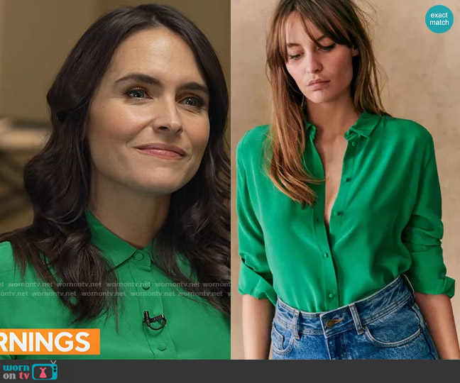 Sezane Ann Shirt in Bright Green worn by Lilia Luciano on CBS Mornings