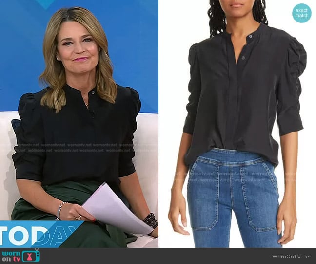 WornOnTV: Savannah’s black blouse and green satin wrap skirt on Today ...