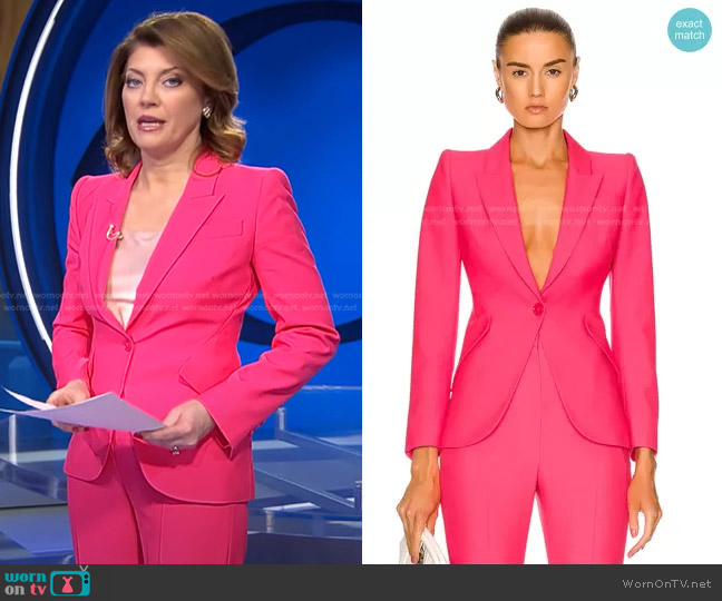 Single-Breasted Tailored Blazer Jacket in Neon Pink by Alexander McQueen worn by Norah O'Donnell on CBS Evening News