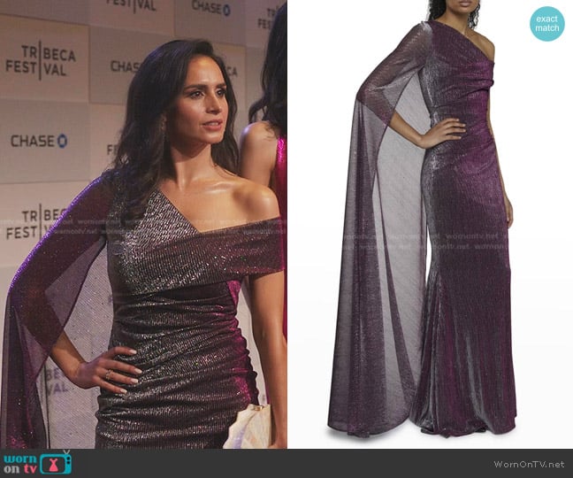 Talbot Runhof One-Shoulder Metallic Voile Cape Gown worn by Dolores De La Cruz (Fernanda Urrejola) on Gossip Girl