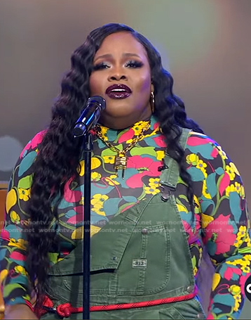 Tasha Cobbs Leonard's floral top and green overalls on Good Morning America