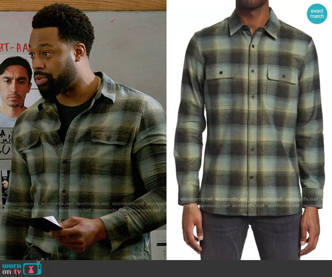 Treasure & Bond Grindle Trim Fit Plaid Flannel Button-Up Shirt in Olive- Multi Claytwill Plaid worn by Kevin Atwater (LaRoyce Hawkins) on Chicago PD