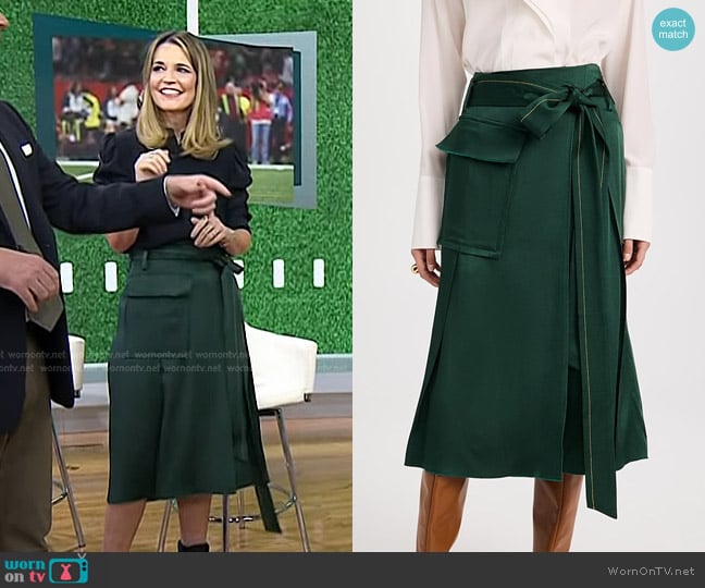 Victoria Beckham Trench Skirt in Bottle Green worn by Savannah Guthrie on Today