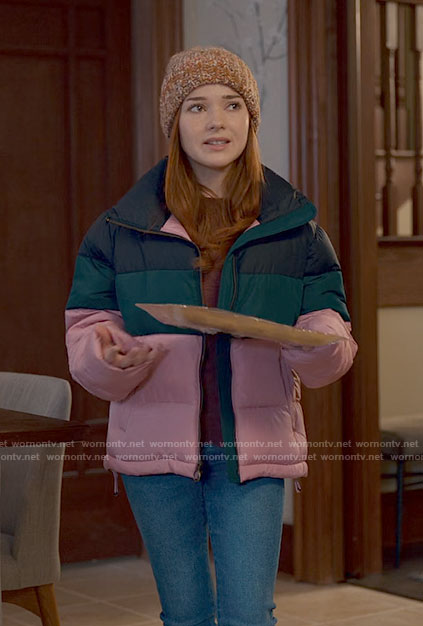 Abby's pink and green colorblock puffer jacket on Ginny & Georgia