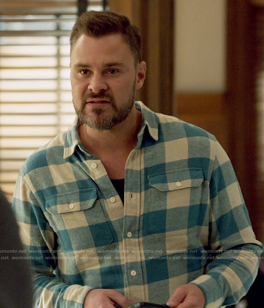 Adam’s turquoise blue buffalo check shirt on Chicago PD