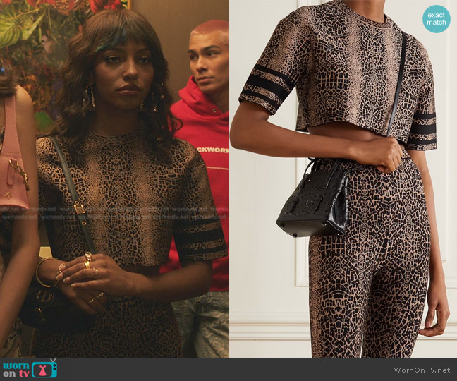 Alaia Cropped Leopard Jacquard-Knit T-shirt worn by Monet de Haan (Savannah Lee Smith) on Gossip Girl