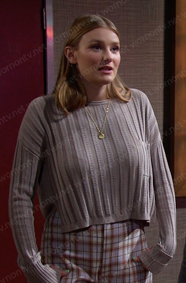 Allie's ribbed sweater and plaid pants on Days of our Lives