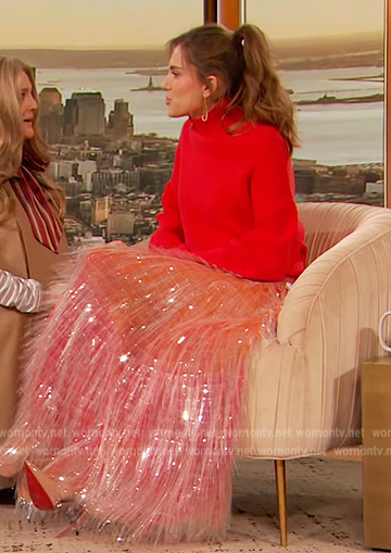 Allison Williams's metallic tulle skirt and sweater on The Drew Barrymore Show