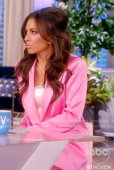 Alyssa’s pink satin blazer and pants on The View