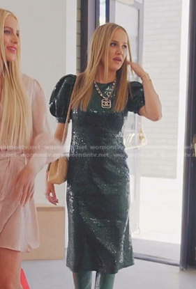 Angie’s green sequin puff sleeve dress on The Real Housewives of Salt Lake City