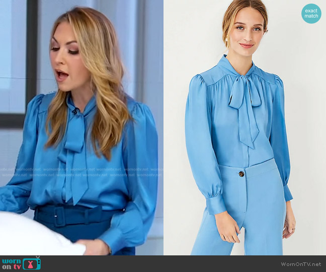 Ann Taylor Bow Tie Blouse in Marina Blue worn by Lori Bergamotto on Good Morning America
