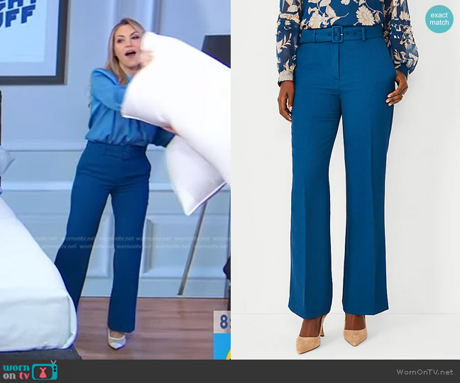 Ann Taylor The High Waist Belted Boot Cut Pant in Lavish Blue worn by Lori Bergamotto on Good Morning America