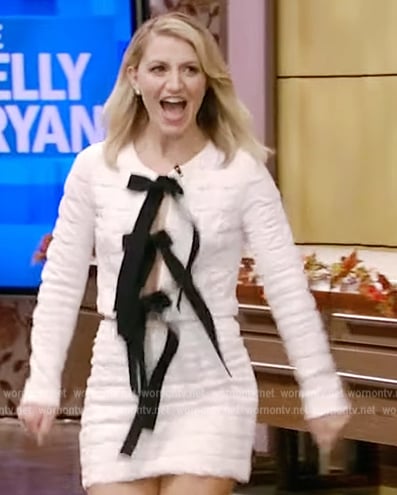 Annaleigh Ashford’s white textured contrast bow jacket on Live with Kelly and Ryan