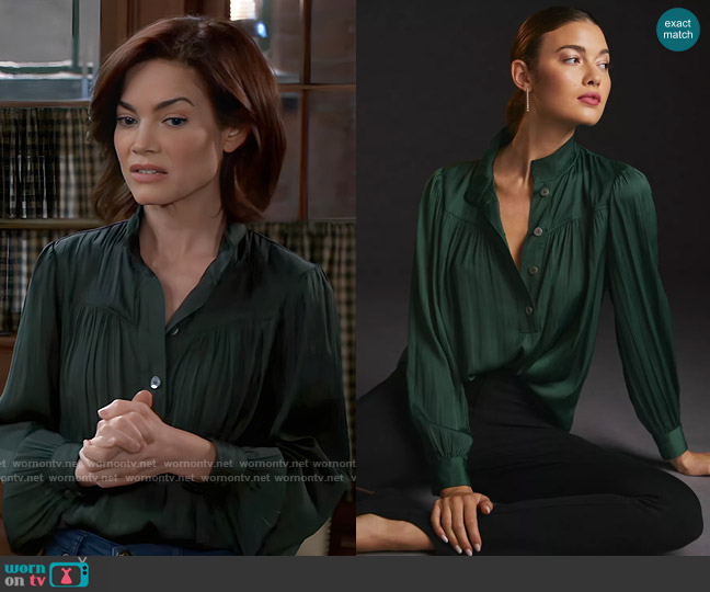 Anthropologie Relaxed Shimmer Blouse in Holly worn by Elizabeth Webber (Rebecca Herbst) on General Hospital