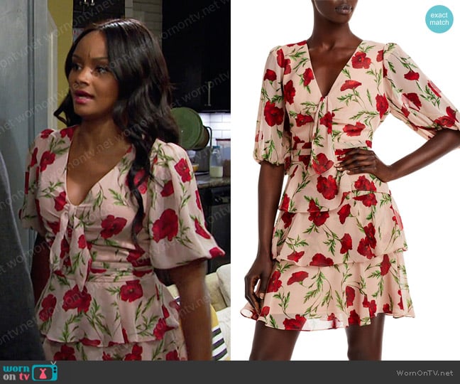 Aqua Floral Print Tiered Dress worn by Chanel Dupree (Raven Bowens) on Days of our Lives