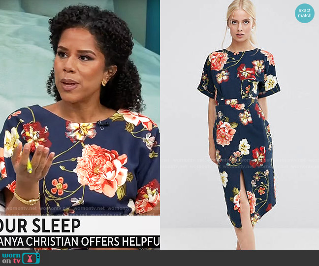 ASOS Wiggle Dress in Navy Large Scale Floral Print worn by Adriana Diaz on CBS Mornings