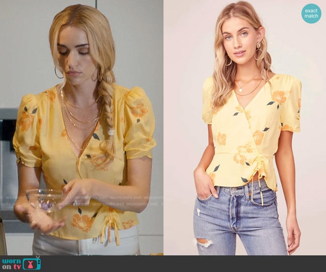 ASTR Cinch Sleeve Floral Wrap Top worn by Georgia Miller (Brianne Howey) on Ginny & Georgia